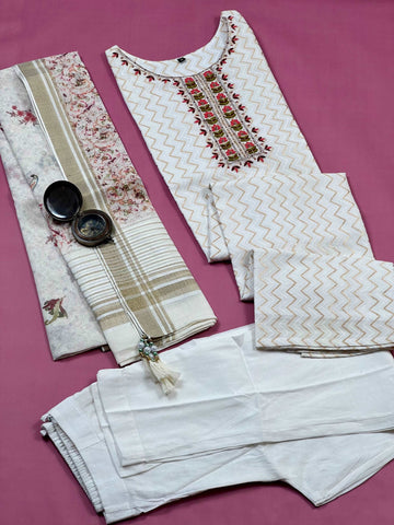 Pure White Ethnic Floral Linen Ready to Wear Pure Cotton Kurti Set